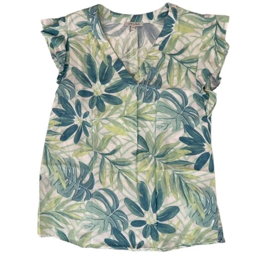 Anne Carson green floral blouse with ruffle sleeves
